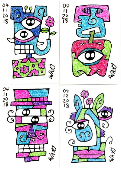 Wayne Gagnon - Four Art Cards, ACEO, Bic Four color ballpoint pen